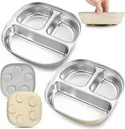 [ZCOINS] 2 Pack Stainless Steel Plates with Suction, Deepened Divided Plates with Removable Silicone Base, 3 Compartments, Non-Slip Metal Dinner Dishes with Dividers