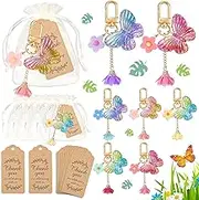 12 Sets Butterfly Party Favors Acrylic Keychain With Flower Tassel, Gradient Gauze Bag, Thank You Kraft Tags for Theme Party Baby Shower Favors Goodie Bag Decor