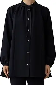 [SONO] Women's Navy, Wrinkle Resistant Double Cross, Ribbon Tie Tunic Blouse