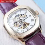40mm Automatic Retro Skeleton Mechanical Watch Gold White Dial Purple Leather
