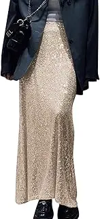 [ANKOMINA] Women's Shiny Sparkly Sequin Maxi Skirt Sexy Glitter High Waist Stretchy Long Skirts Night Out Bodycon Party Clubwear