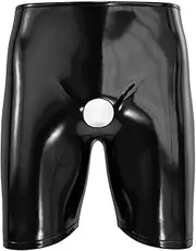 [xokesy] Men Sexy Open Crotch Leather Boxer, Glossy PVC Leather, Plus Size S-5XL, Shiny Latex Short Pants