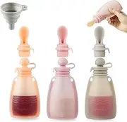 PandaEar 3 Pack Reusable Silicone Baby Food Pouches Squeeze Pouches for Toddler Kids with 3 Silicone Puree Feeder Spoon BPA-Free Silicone Refillable Baby Food Storage 5.5oz(Dark pink/Light Pink/Linen)