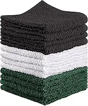 Towel and Linen Mart 100% Cotton - Wash Cloth Set - Flannel Face Cloths, Highly Absorbent and Soft Feel Fingertip Towels (Hunter Green, White & Grey, Pack of 12)