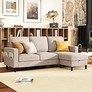 Ufurniture 3 Seater Convertible Sectional Sofa,L-Shaped Lounge Couch with Storage Ottoman, Linen Fabric Sofa with Reversible Chaise for Small Apartments Living Room Office, Beige