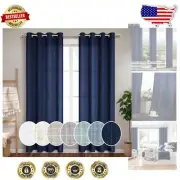 Navy Blue Grommet Curtains - 100" Long Light Filtering Linen Draperies Set of 2
