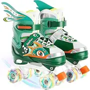 Roller Skates for Children with Luminous Wheels and 4 Sizes Adjustable Quad Roller Skates for Beginners (Green, M)