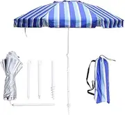 LOTTAFUN 6.5ft Beach Umbrella - Heavy Duty Wind Resistant UV 50+ Portable Sun Shade with Sand Anchor & Carry Bag, Outdoor Folding Umbrella for Beach, Pool, Patio, Garden (Blue Vertical Stripe)