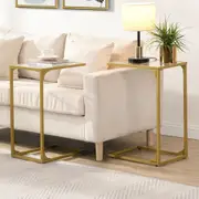 IHOMDEC Tempered Glass with Metal Frame C-Shaped End Side Table Set of 2 Gold