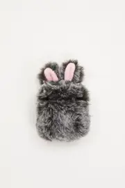 Grey Faux Fur Bunny Air Pod Case With Ears