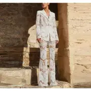 Women Slim Lace Hollow Embroidery Suit Longsleeve Top Luxury Sequin Wide Pants