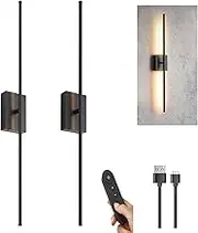 Wall Sconces Set of Two, Dimmable Wireless Wall Light with, 350° Rotate Lamp for Living Room Bedroom Hallway (Black)