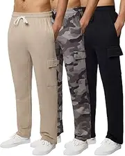 [Real Essentials] 3 Pack: Men's Tech Fleece Active Athletic Casual Open Bottom Cargo Sweatpants with Pockets