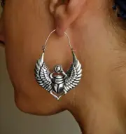 Egyptian tribal inspired Double sided sacred silver scarab beetle hoop earrings.