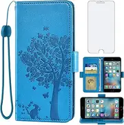 Asuwish Compatible with iPhone 6plus 6splus 6/6s Plus Wallet Case and Tempered Glass Screen Protector Flip Card Holder Cell Phone Cover for iPhone6 6+ iPhone6s 6s+ i 6P 6a S Six iPhone6splus Men Blue