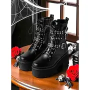 Women's Y2K Gothic Platform Combat Boots - 1980s-Inspired Black Lace-Up Ankle Boots with Studded Straps and Chunky Heels for Cosplay, Halloween,and Punk Street