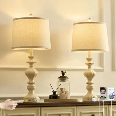 27.5" Farmhouse Table Lamps Set of 2 Bedside Nightstand Lamp with White Washed