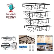 Under Cabinet Wine Stemware Holder, 4 Pack Black Metal Wine Glass Rack, 3 Row...