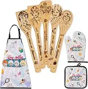 Golden Girls Gifts for Women,TV Show Kitchen Utensils Set,Golden Girls Wooden Cooking Spoons with Apron Oven Mitt Potholder for Fans,Great Birthday Wedding and Housewarming Christmas 8pcs