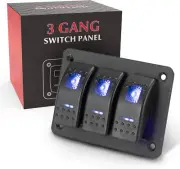 3 Gang Rocker Switch Aluminum Panel with Blue LED Light Waterproof 5 Pin on o...