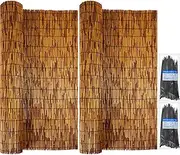 2 Pcs Natural Reed Bamboo Fencing Roll, Bamboo Privacy Screen 3.3 ft x 13.3 ft and 200 Pcs Nylon Black Cable Ties Cord for Garden Balcony Window Indoor Outdoor(Dark Brown)