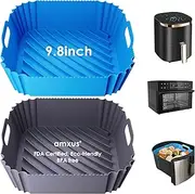amxus 2 PCS Large Silicone Air Fryer Liners - 9.8 Inch Reusable Air Fryer Pot - Replacement for Air Fryer Liners Disposable, BBQ,High Temperature Resistant Easy Cleaning Oven Accessories(Blue+Grey)
