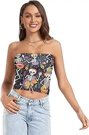 [RPLIFE] Mexican Funny Skeletons Black Tube Top Sheer Tube Tops, Women Strapless Top, Summer Tops (S)