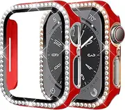 2 Pack Diamond Case for Apple Watch 8 45mm for Apple Watch 7 45mm, Bling Cover Bumper Frame with Tempered Glass Screen Protector for Women iWatch Series 8 7 Accessories,Red-Silver/Red-Rose Gold