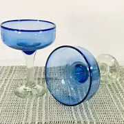 Crate & Barrel 2 NEW Margarita Glasses Blue Bowl SANIBEL 15 oz Made in Mexico