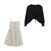 Plain Lace-Up Cropped Cardigan / Spaghetti Strap Floral Mini A-Line Dress / Set Set of 2 - Cardigan & Dress - Black & Black Floral - White - XL