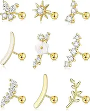 [LYLYMIMI] 9Pcs 16G Cartilage Earring Stainless Steel Star Flower Opal CZ Helix Earrings Flat Back Cartilage Helix Conch Piercing Jewelry for Women