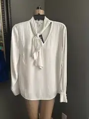 Women's White House Black Market Blouse Size M Ecru V-Neck Tie