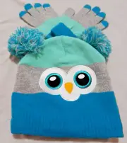 Tassel Cap Winter Hat Gloves Set Girls Kids One Size Owl NEW 2pc Pom Skully OSFM