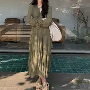Long-Sleeve V-Neck Plain Maxi A-Line Dress Green - XL