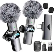 Wireless Microphone, Mini Microphone for iPhone Samsung iPad Android Pc, Lavalier Microphone with Storage, Phone Microphone for Vlog, Tiktok-2x Sponge Head + Adapter