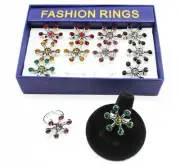 Dozen Silver Rhinestone Adjustable Rings in Display Box #R2006-12