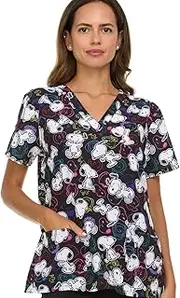 [COCO BRANDS] Peanuts Women's All Over Print, V-Neck Scrub Top with Pockets - Comfortable Work Uniform