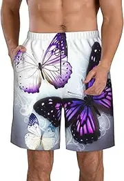 [FJWSLCH] White Purple Butterflies Men's Swim Trunks Quick Dry Swimming Board Shorts Drawstring Hawaiian Beach Shorts