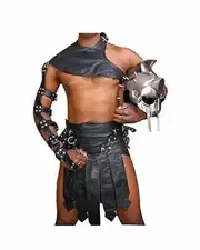 Mens Genuine Black Leather Gladiator KILTS set UTILITY LARP Men Costumes LGBTQ