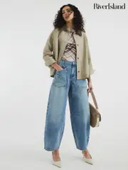 River Island Blue Pocket Front Barrel 100% Cotton Jeans (F53895) | $104