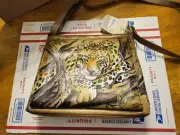 ANUSCHKA Leather Hand Painted Crossbody Organizer Bag African Leopard Tan NWT
