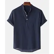 Men's Linen Shirt Chinese Collar Shirt Mandarin Collar Shirt Summer Shirt Beach Shirt Solid Color Outdoor Vacation Black White Navy Blue Brown Short Sleeve Sta