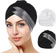 [MioCloth] 2 Pcs Women Skull Cap Stretch Headwarp Under Scarf Pre Tied Head Cover Soft Bonnet Turban Hijab Hat Wrap, Black, White, One Size