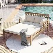FAVSH Outdoor Patio Daybed with 4 Pillows, Wooden Outdoor Chaise Lounge Day Bed w/Curved Armrests and Middle Support Legs for Poolside, Backyard, Garden,Light Teak+Beige