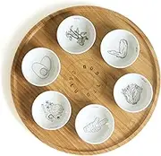 Mickala 13” Passover Seder Plate with 6 Black and White Ceramic Bowls, Hand Made Bamboo Passover Sedar Plate Set, Giftable Packaging, Jewish Holiday and Traditional Table Decorations Gift