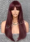 Human Hair blend Heat OK Full Wig Textured Straight Full Bang LN Burgundy Mixed