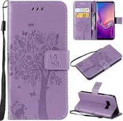 SATURCASE Case for Samsung Galaxy S10e, Cat Tree Embossing PU Leather Flip Magnet Wallet Stand Card Slots Protective Cover with Hand Strap for Samsung Galaxy S10e (Lavender)
