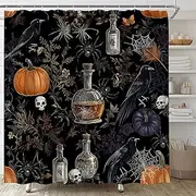 YSATNSFT Spooky Halloween Shower Curtain Gothic Crow Pumpkin Skull Spider Witchcraft Black Boho Floral Alchemy Magic Fabric Bathroom Decor Set with Hooks,(70" WX70 H)