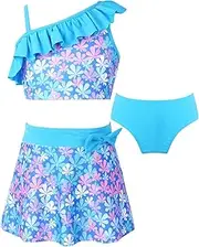 [Riismen] Kids Girls 3 Pieces Tankini Set Swimsuit Floral Print Crop Tops with Skirt and Swim Briefs Beachwear