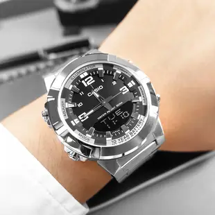 CASIO / 卡西歐 粗曠雙顯 世界時間 計時碼錶 不鏽鋼手錶 黑色 / AMW-870D-1A / 44mm